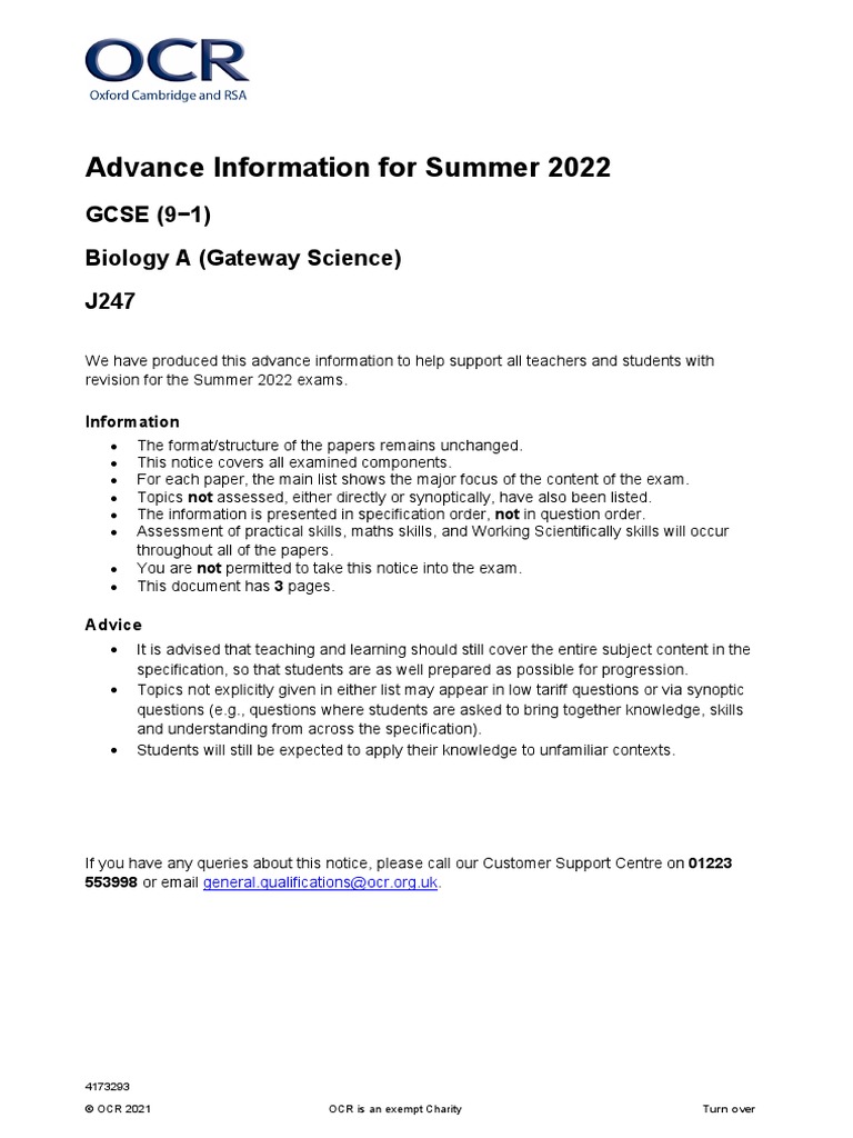 J247 GCSE Biology A (Gateway Science) Advance Information Jun2022 PDF