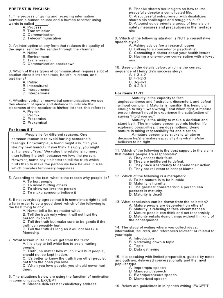 Pretest In English PDF