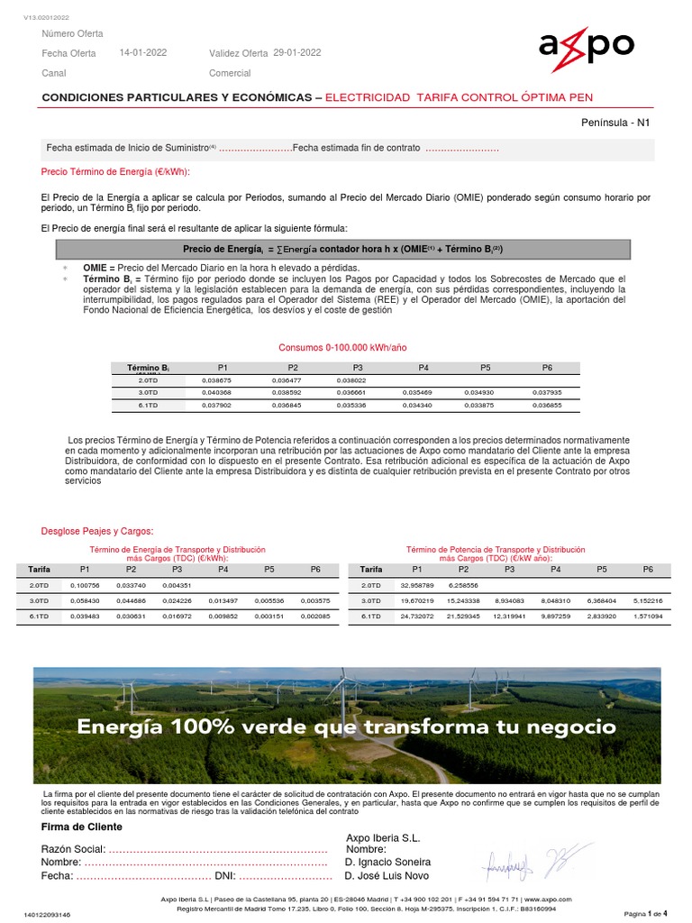 TARIFA CONTROL OPTIMA PENINSULA Tarifario N1 Tarifario PDF