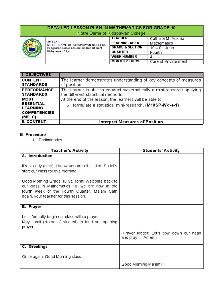 Detailed Lesson Plan in Mathematics For Grade 10 | PDF | Sampling ...
