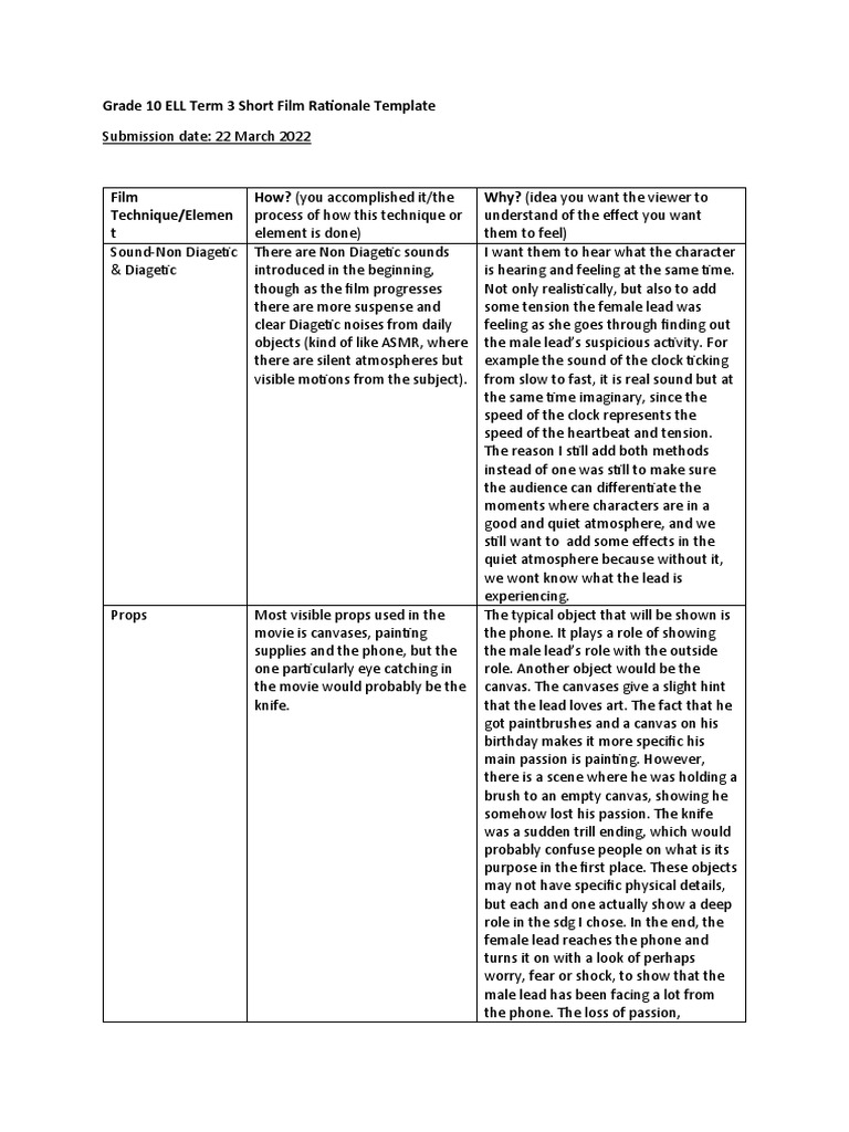 ELL Short Film Rationale Template | PDF | Lighting | Cinematography