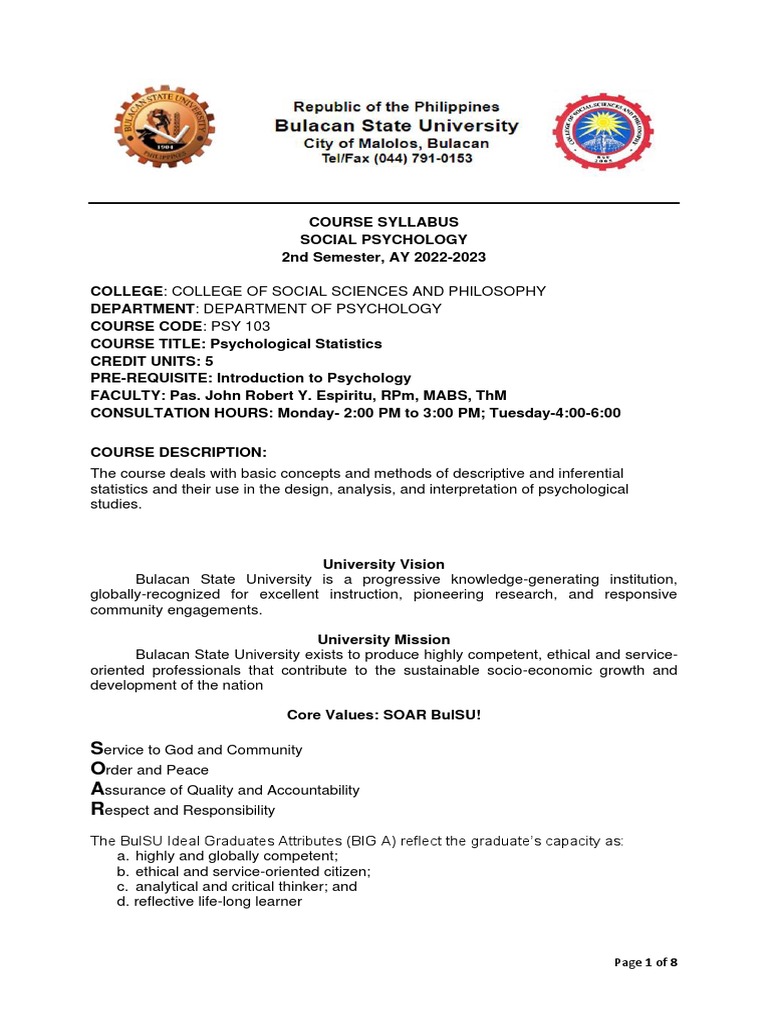 Psychological Statistics Syllabus Pdf Statistics Psychology