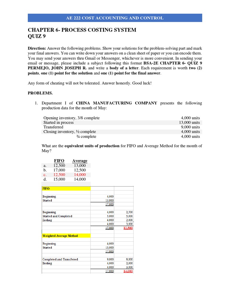 Process Costing Quiz Pdf Inventory Business