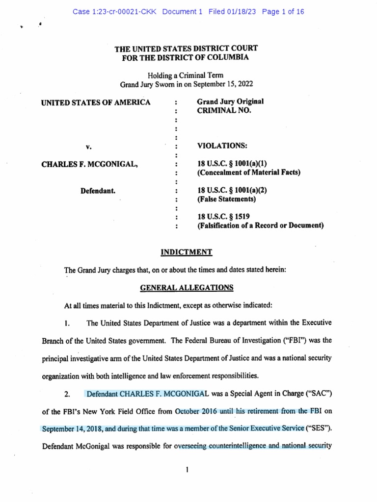 USA V McGonigel DDC INDICTMENT False Statement | PDF | Law