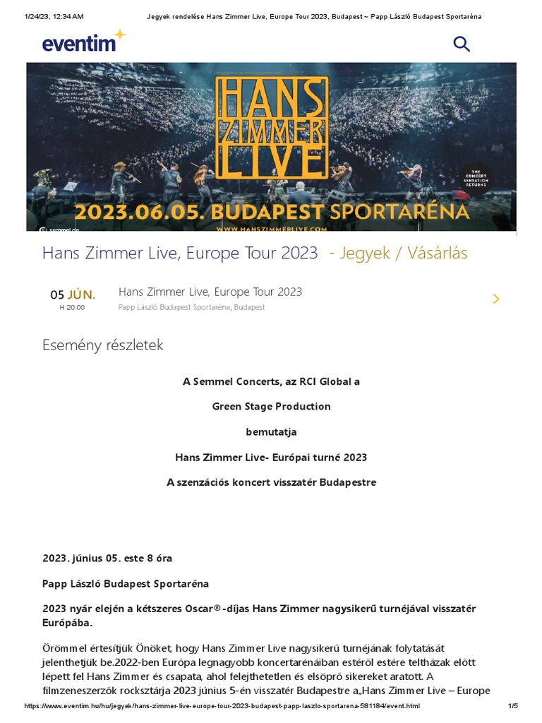 Jegyek Rendelése Hans Zimmer Live, Europe Tour 2023, Budapest Papp
