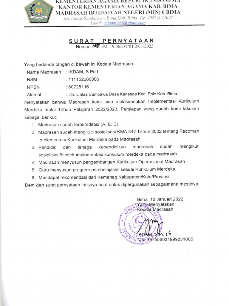 Surat pernyataan implementasi km pdf