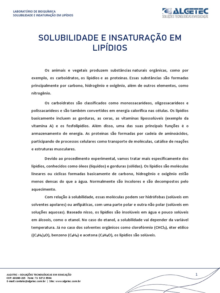 Solubilidade e Insaturação em Lipidios | PDF | Lipídio | Solubilidade