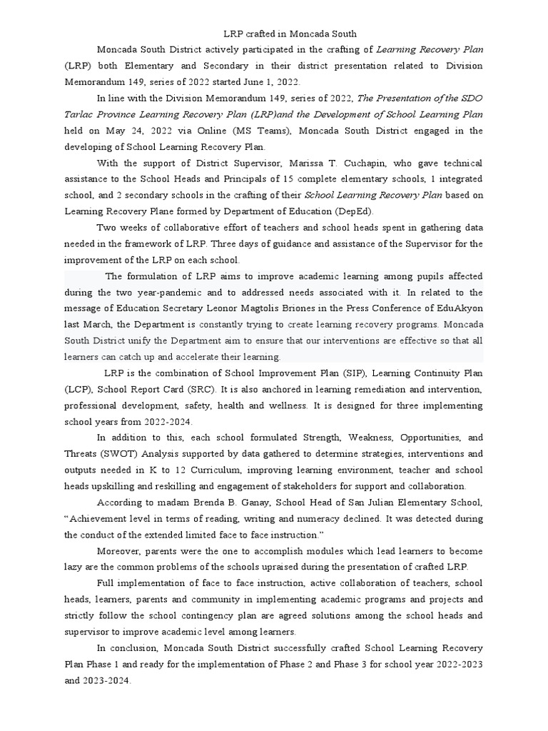 Moncada South Learning Recovery Plan | PDF | Learning | Schools