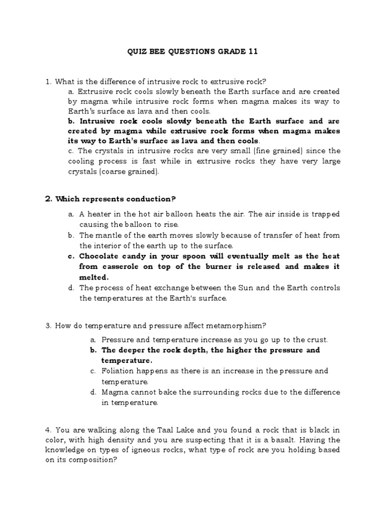 Quiz Bee Questions Grade 11 PDF Rock (Geology) Magma