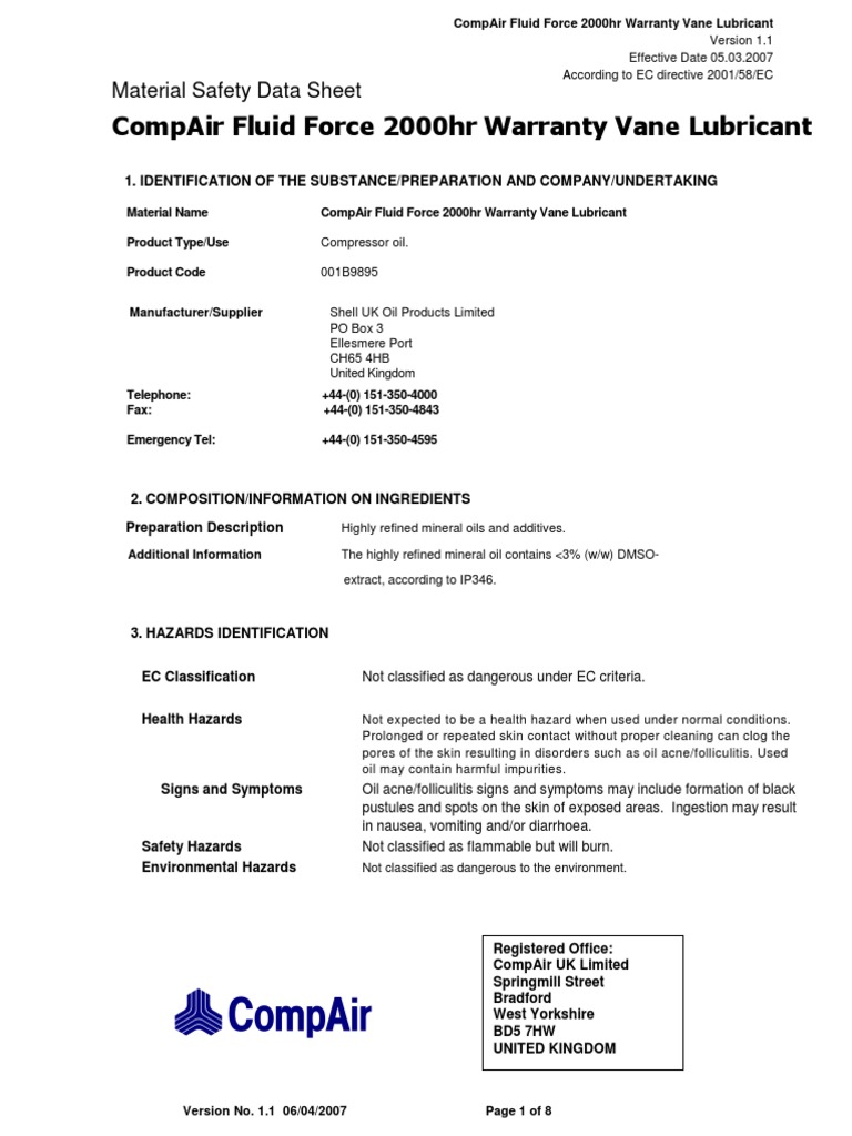 HydrovaneFluidForce2000Hr Vane Lubricant Safety Data PDF