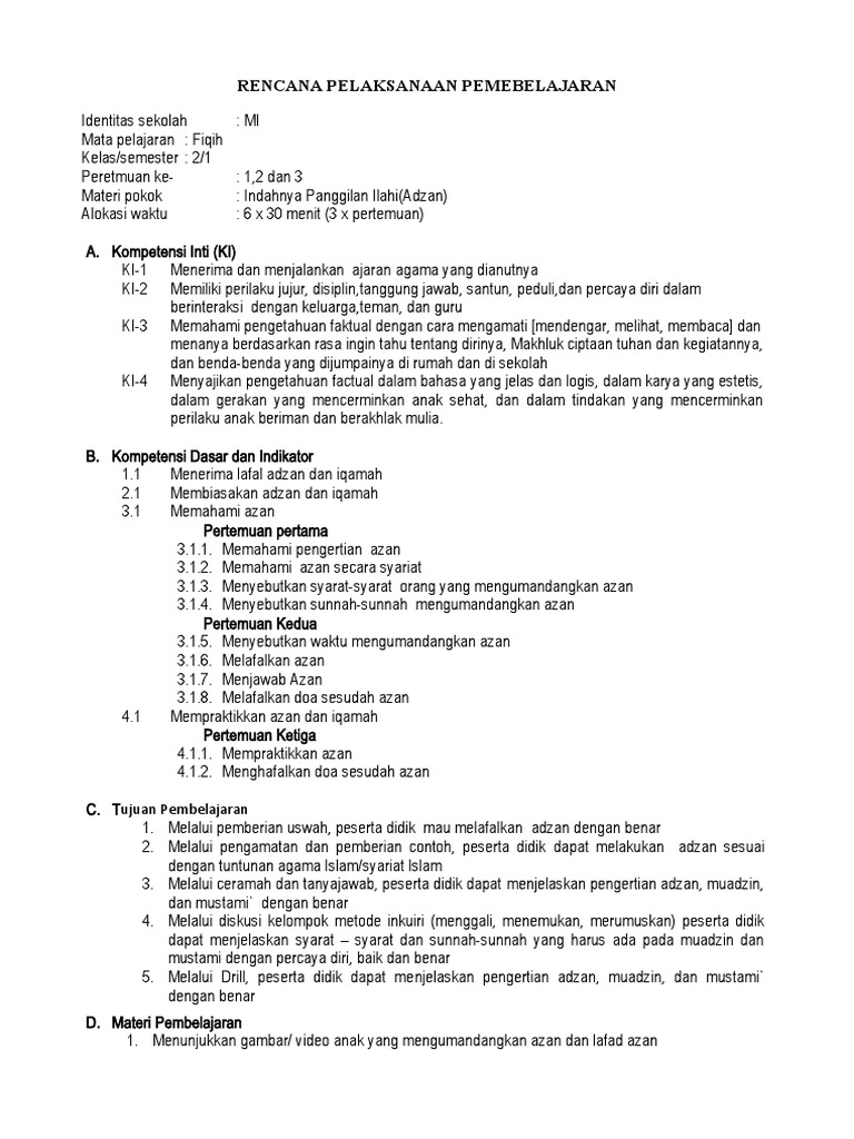 RPP Fiqih Mi Kelas 2 SMTR Ganjil (Adzan) | PDF