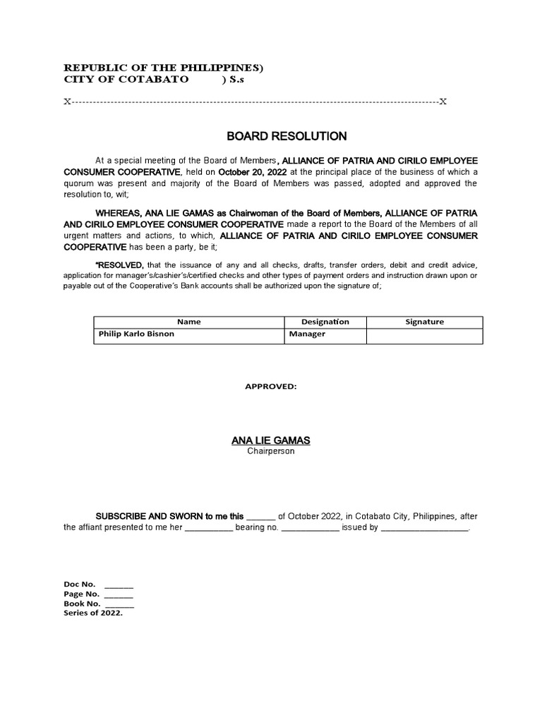 Board Resolution - Bank Signatories - Apc | PDF