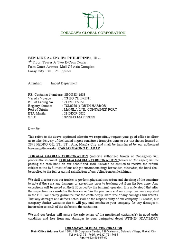 Container Guarantee Request for TS Lines | PDF | Justice | Crime & Violence