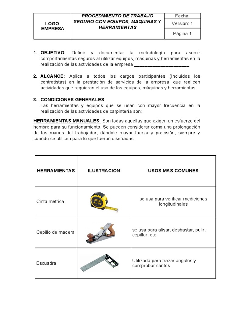 Procedimiento Seguro para Equipos y Herramientas | PDF | Herramientas ...