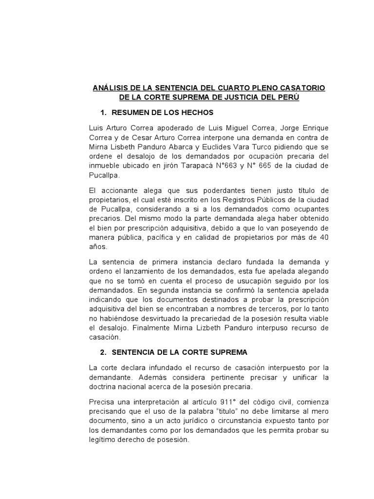 Análisis de La Sentencia Del Cuarto Pleno Casatorio de La Corte Suprema ...