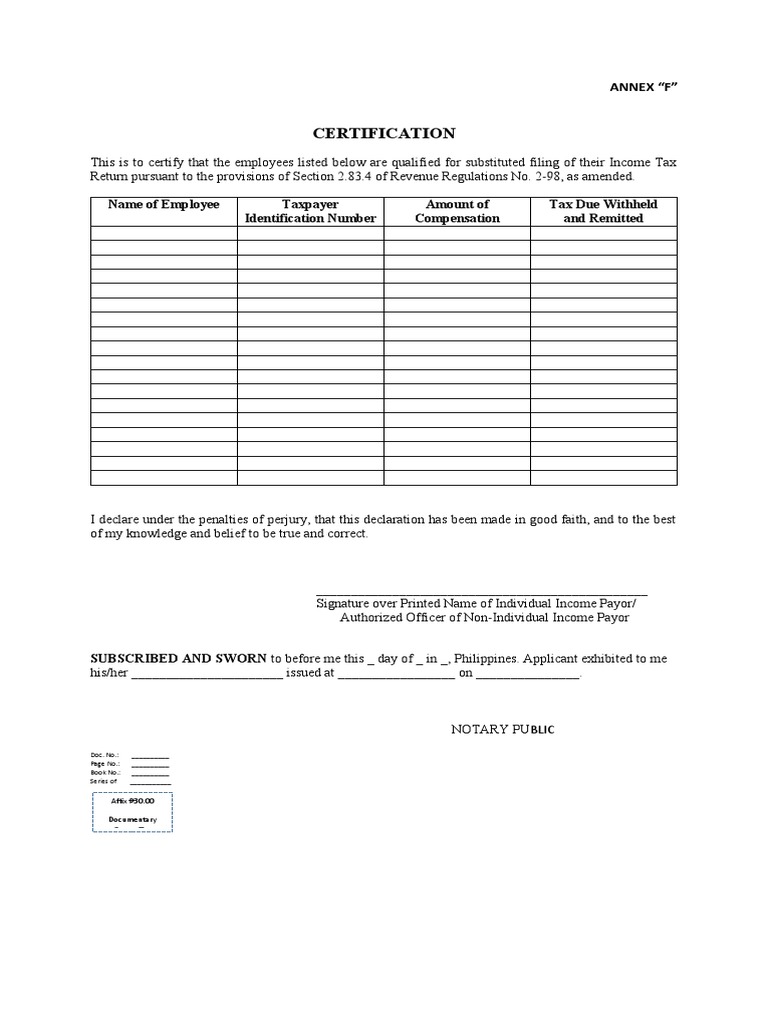Sworn Declaration Form Bir Annex B 2 Sample