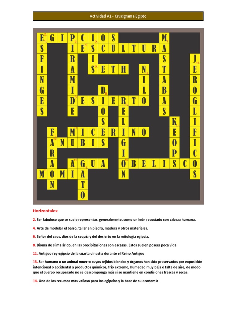 Actividad sobre la cultura egipcia antigua Un crucigrama sobre dioses