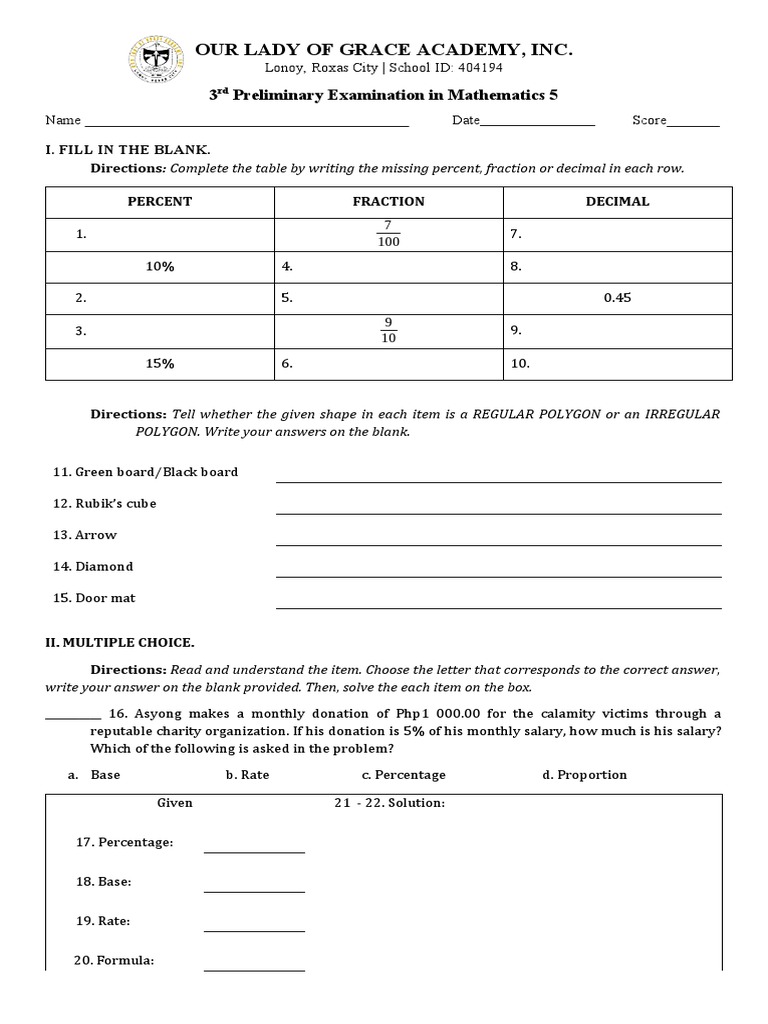 3rd Preliminary Examination In Mathematics 5 Percentages Fractions