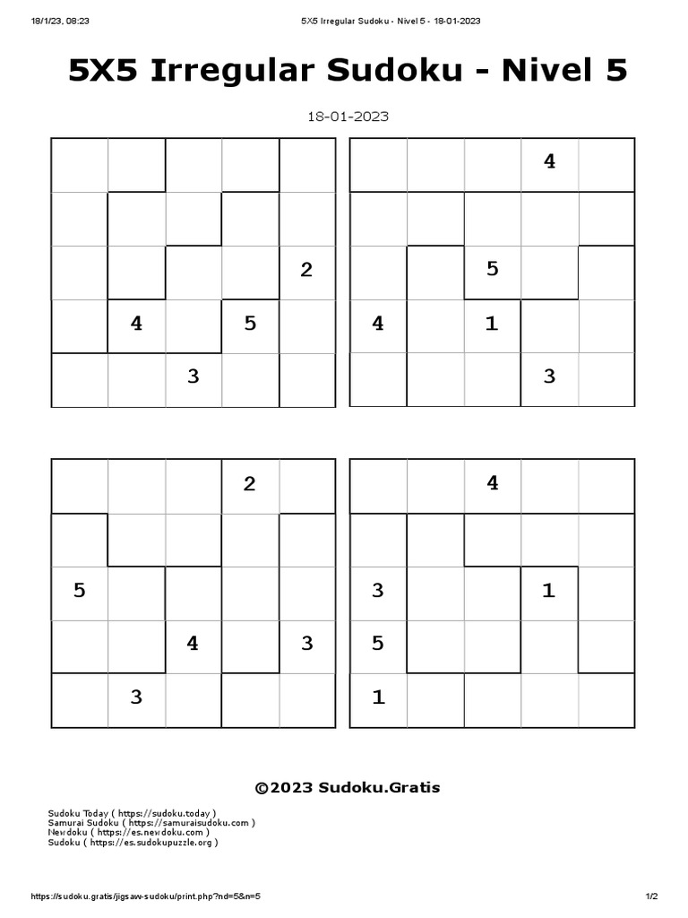 5X5 Irregular Sudoku - Nivel 5 - 18-01-2023 | PDF | Logic Puzzles