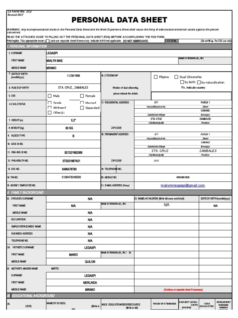 CS Form No. 212 Personal Data Sheet | PDF | Government | Justice