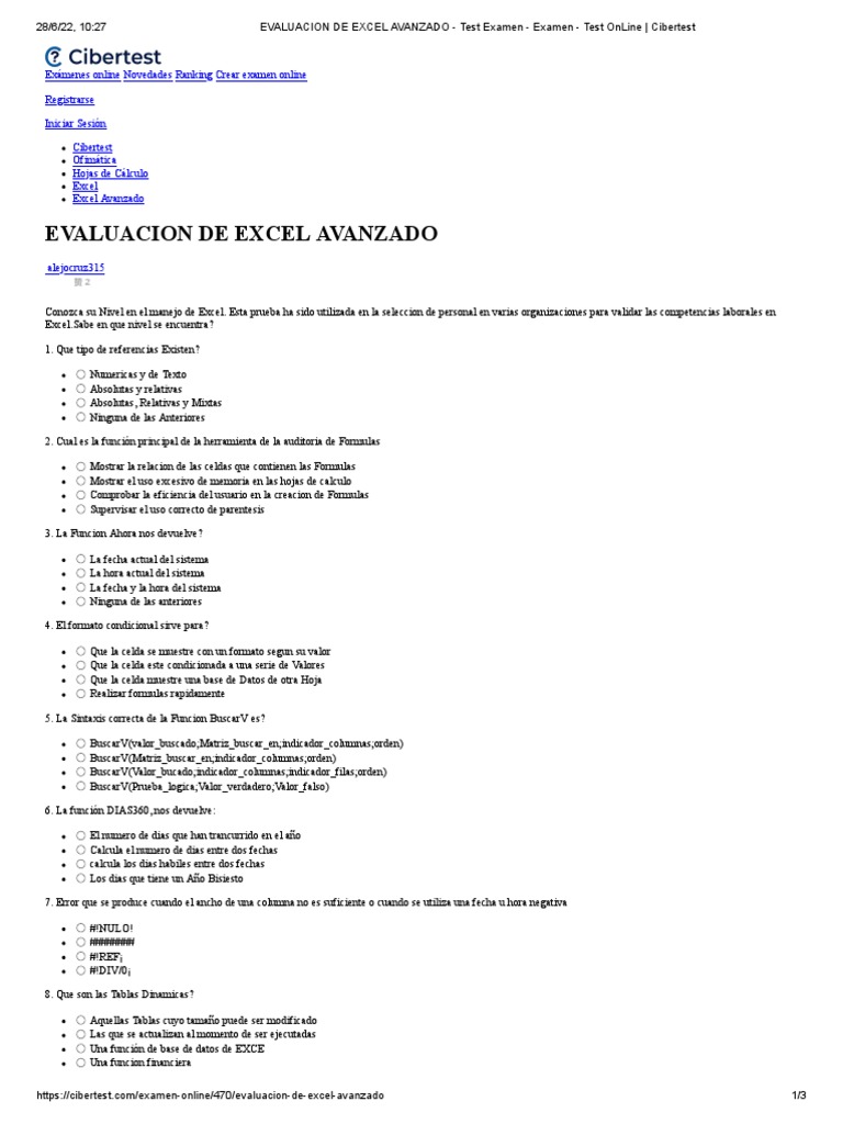 Evaluacion de excel avanzado test examen examen test online