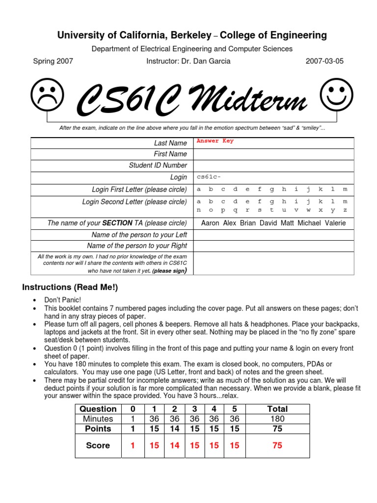 CS61C Midterm: University of California, Berkeley College of ...