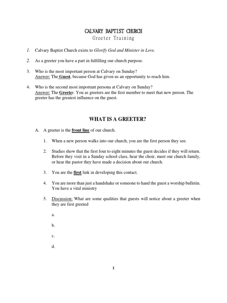 Calvary Baptist Church Greeter Manual | PDF | Jesus