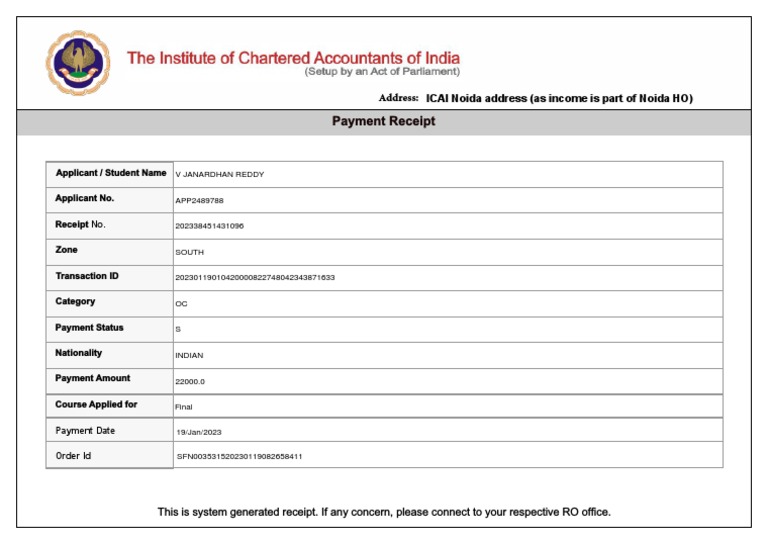 CA Final Payment Receipt PDF