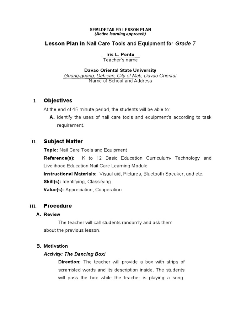 LP Nail Care PDF Nail (Anatomy) Lesson Plan