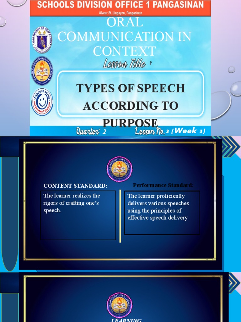 Types of Speech: Purpose & Examples | PDF | Public Speaking | Human ...