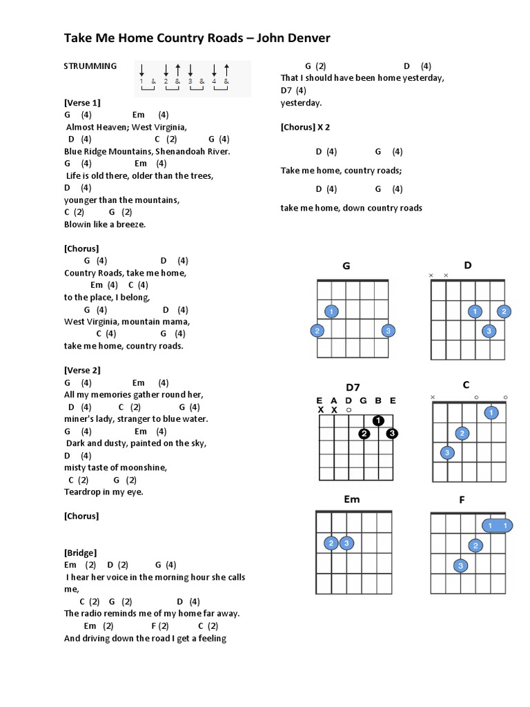 Take Me Home Country Roads Guitar Chords | PDF for Free Printable Country Guitar Sheet Music
