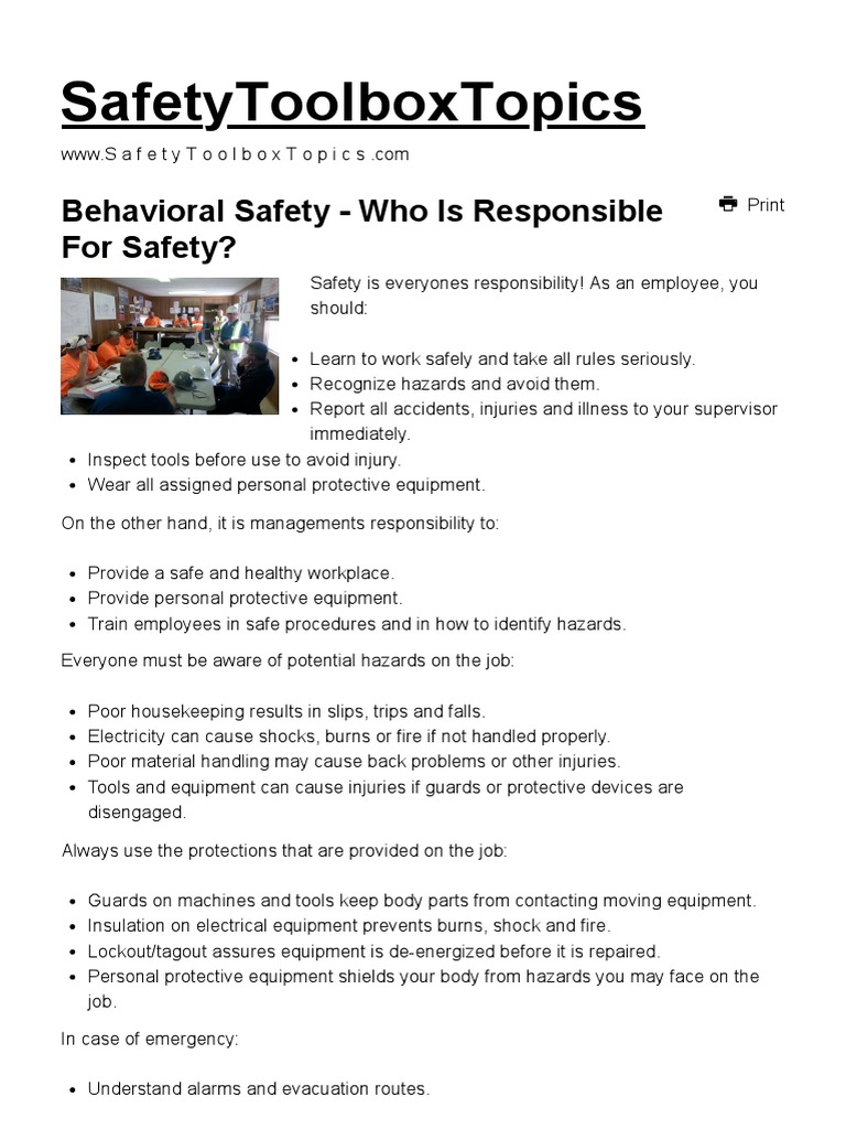 Behavioral Safety Who Is Responsible For Safety Safety Toolbox