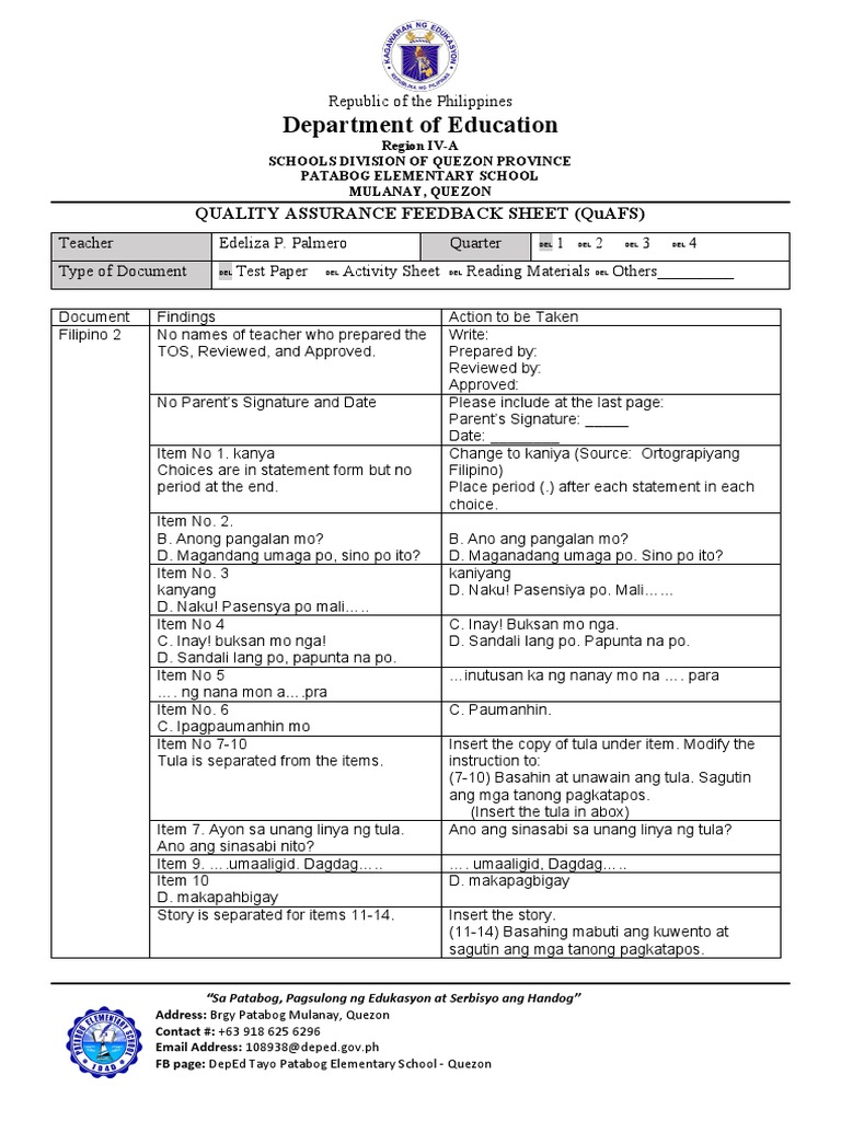 Quality Assurance Feedback Form - Quarter 1 Test Papers - Edeliza P ...