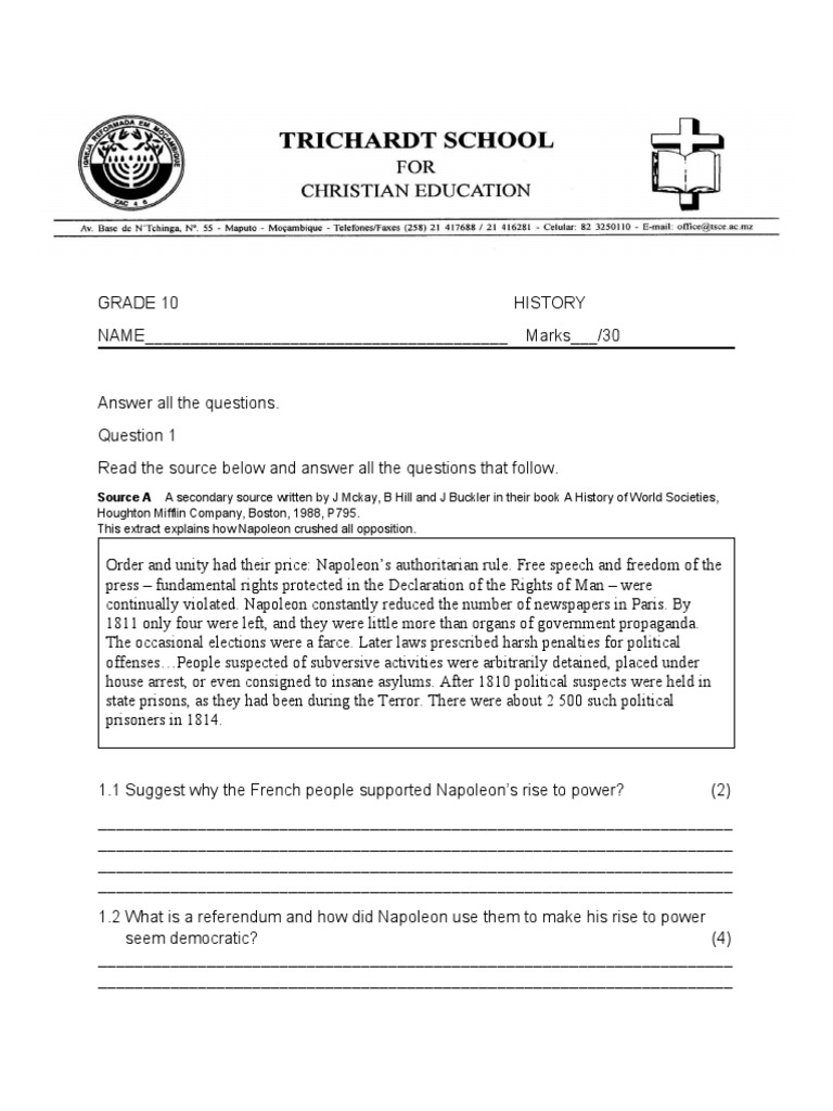 Grade 10 history pdf slavery napoleon