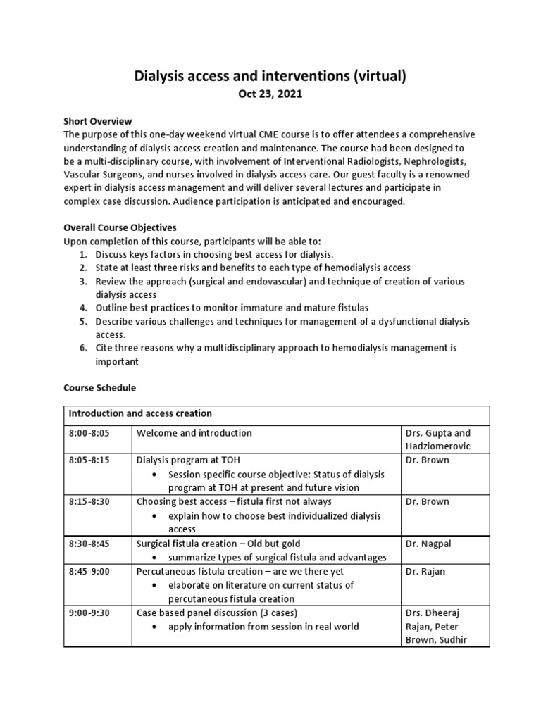 Agenda Dialysis Access and Interventions v3 Final | PDF | Hemodialysis ...