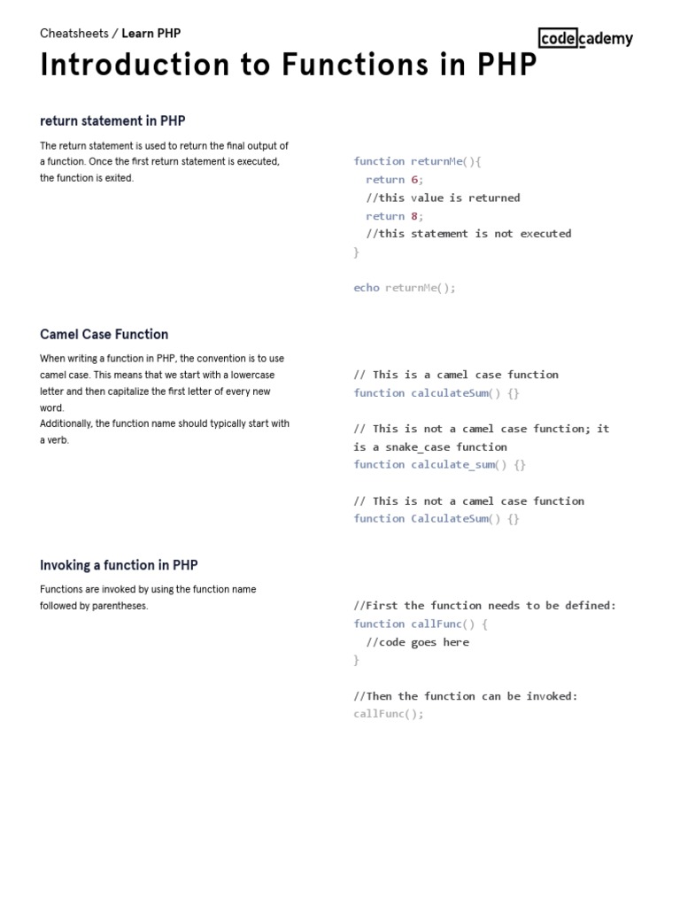 Functions in PHP Cheatsheet Codecademy PDF Subroutine Php