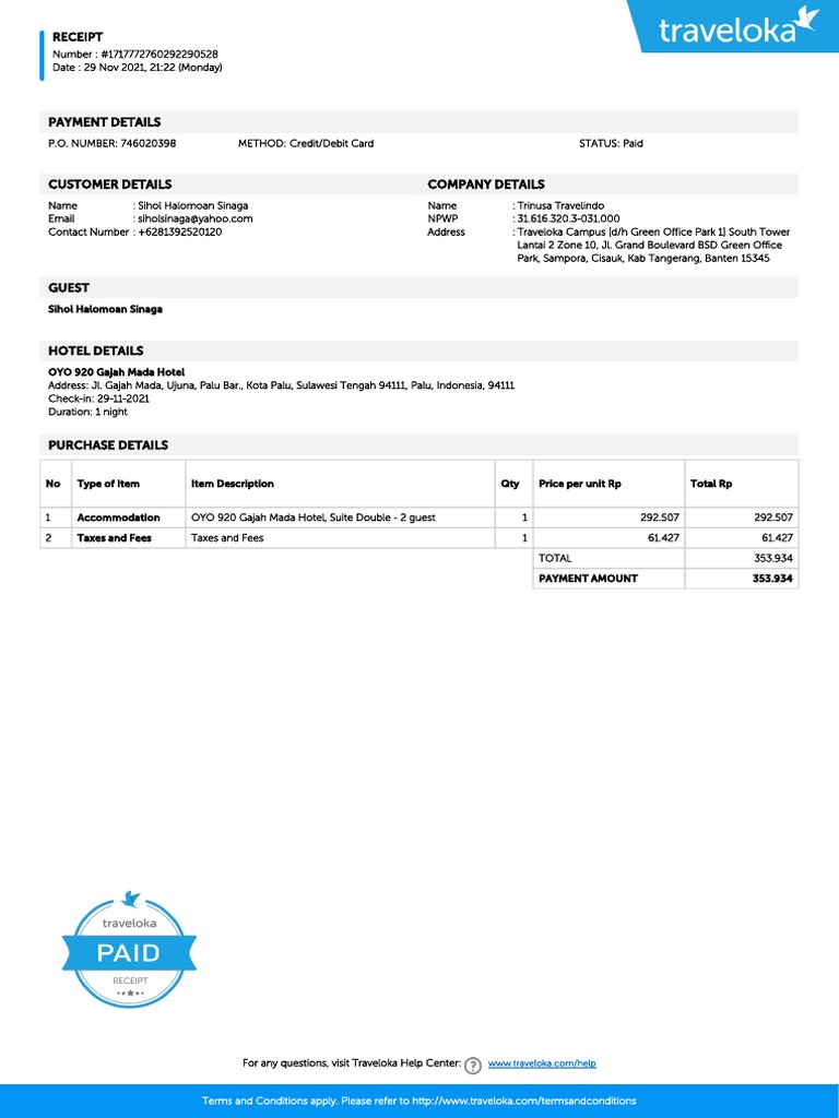 OYO 920 Gajah Mada Hotel Receipt | PDF
