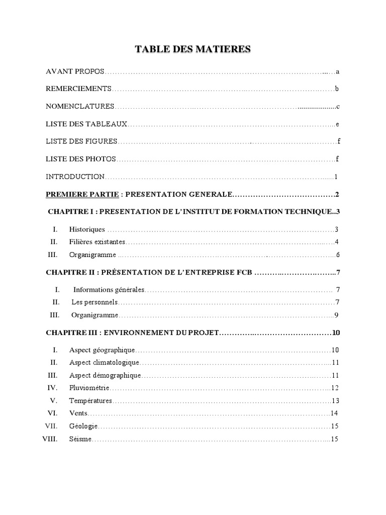 Table de matiere pdf
