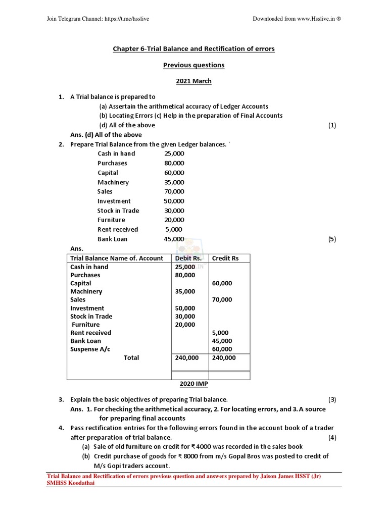 Chapter 6 trial balance and rectification of errors previous questions