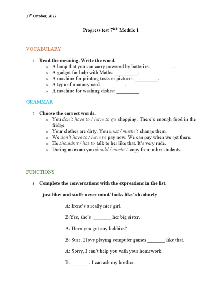 7th Grade English Progress Test | PDF | Language Arts & Discipline