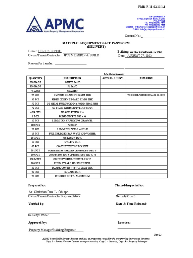 Materials Equipment Gate Pass Form | PDF | Materials | Building Materials