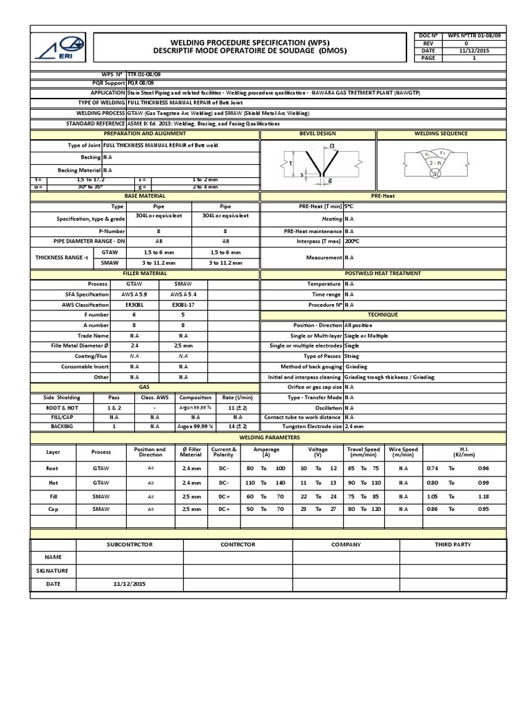 Welding Procedure Specification for Full Thickness Manual Repair of