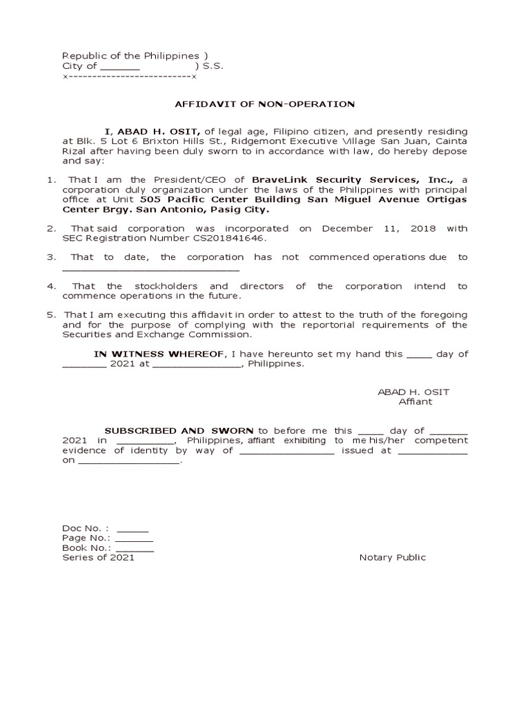Affidavit of Non-Operation Sample | PDF