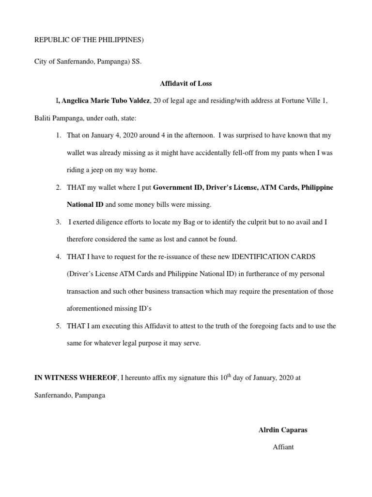 Affidavit of Loss PDF Affidavit Notary Public