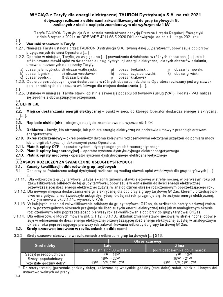 Wyciag z taryfy tauron dystrybucja s a 2021 pdf