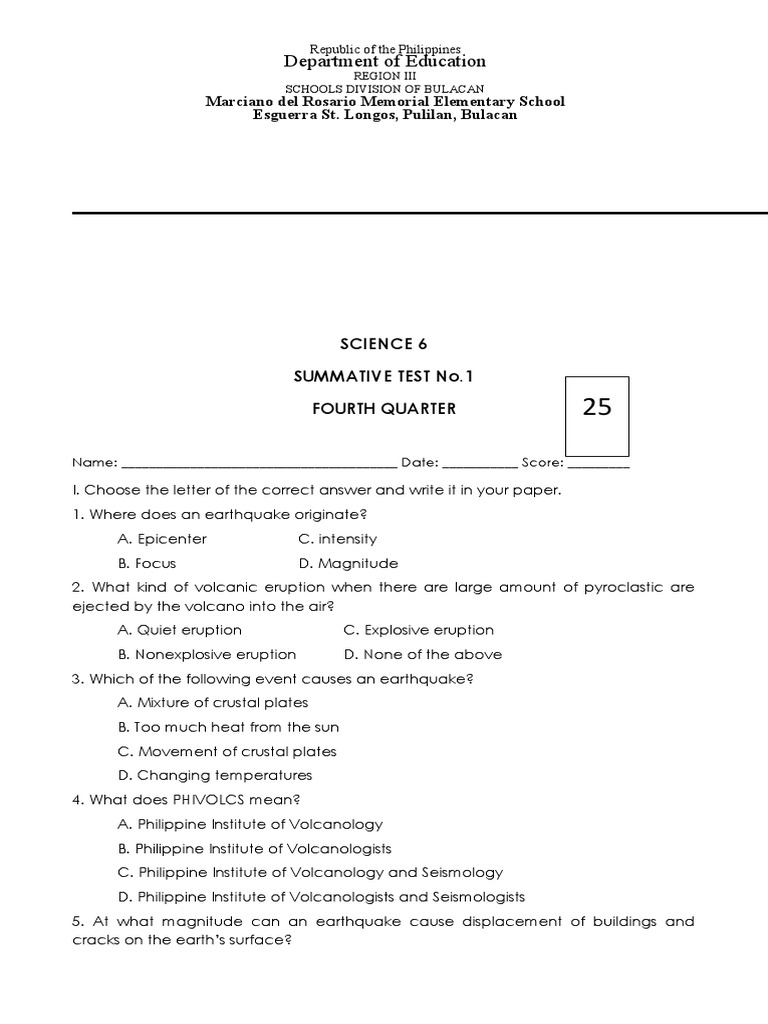 Science 6 Summative Test on Earth Science | PDF | Types Of Volcanic ...