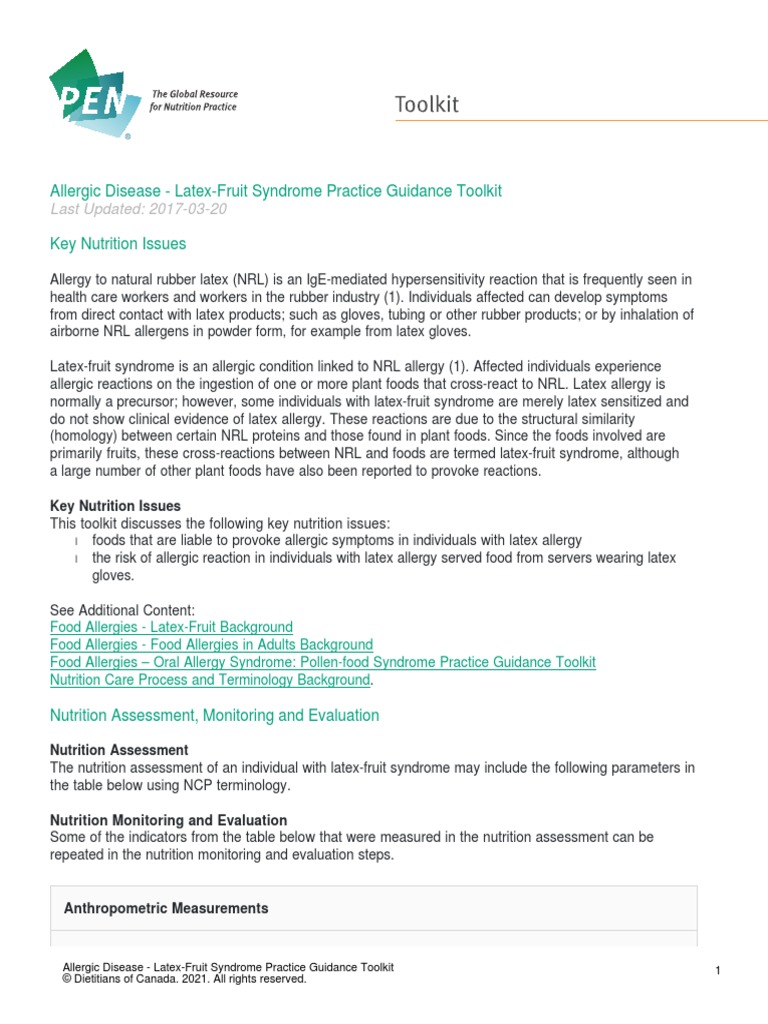 Allergic Disease LatexFruit Syndrome Practice Guidance Toolkit PDF