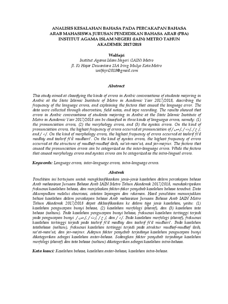 Analisis Kesalahan Bahasa Pada Percakapan Bahasa Arab Mahasiswa Jurusan