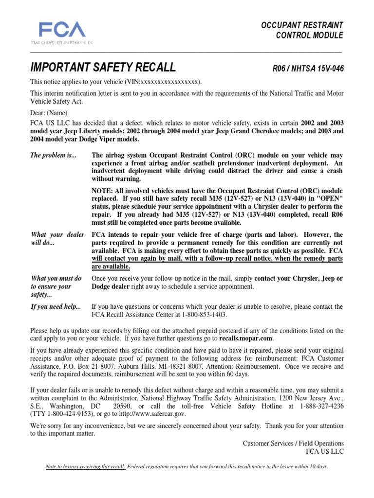Important Safety Recall Occupant Restraint Control Module PDF