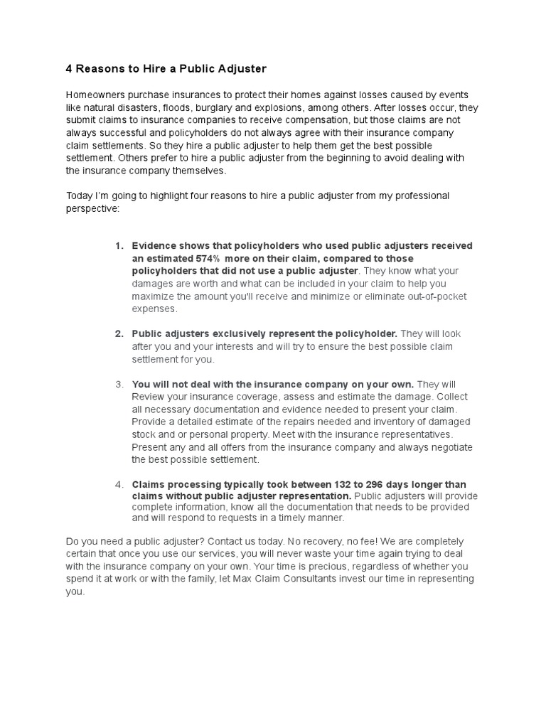 4 reasons to hire a public adjuster pdf insurance financial risk